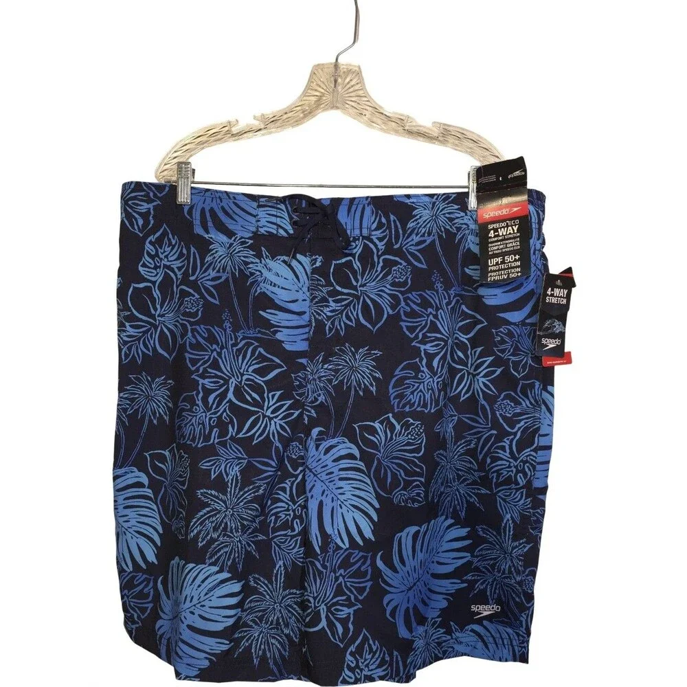Speedo Eco 4-Way Stretch Board Shorts Men XXL Blue Tropical UPF 50+ Swim Trunks